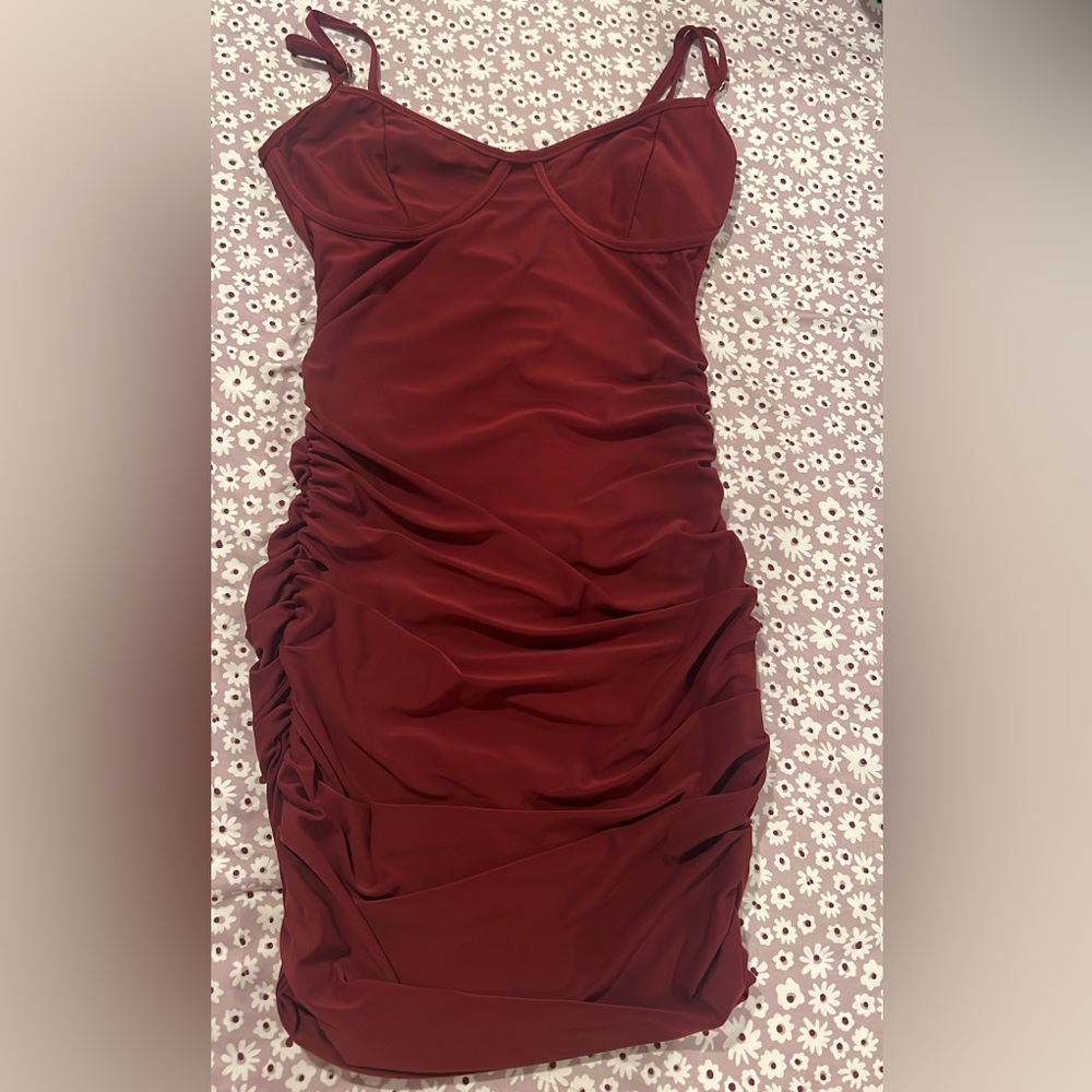 Elegant Burgundy Ruched Dress